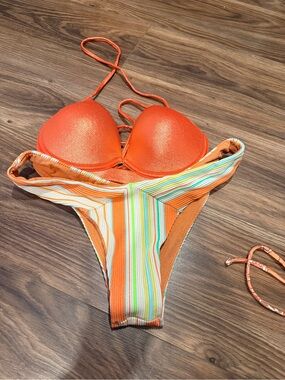Luli Fama Orange Ribbed Push-Up Bikini with Multi-Stripe Bottoms